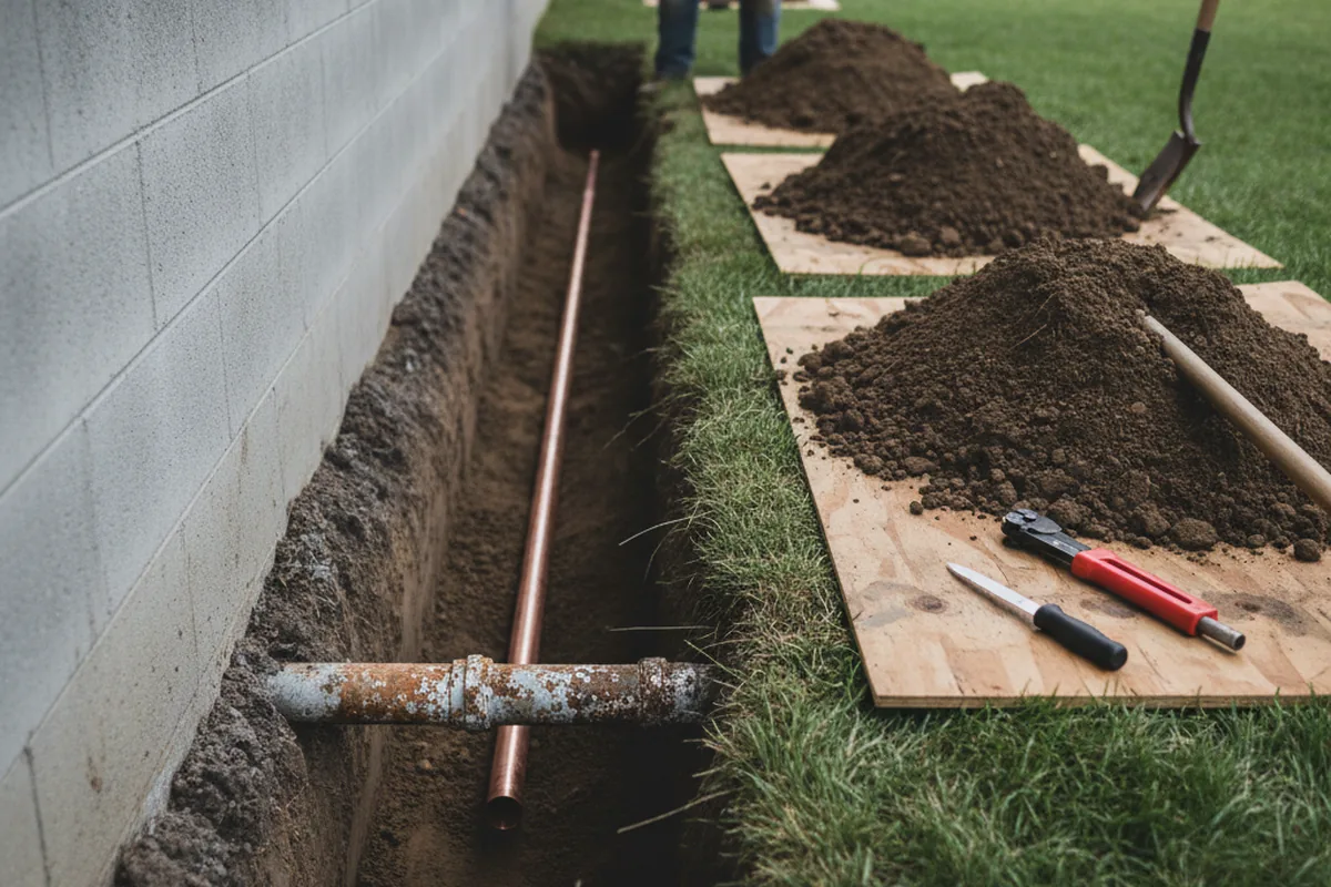 Excavated water line trench during Sewer Line Repair in Nottawa